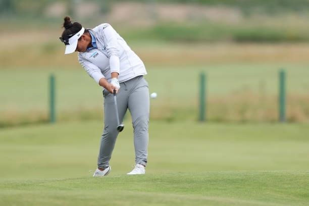 Megan Khang of The United States plays her second shot on the sixth hole during Day One of the AIG Women's Open at Carnoustie Golf Links on August...