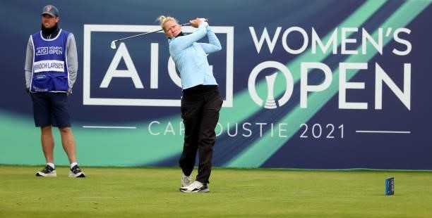 Nicole Broch Larsen of Denmark on the first tee during the first round of the AIG Women's Open at Carnoustie Golf Links on August 19, 2021 in...