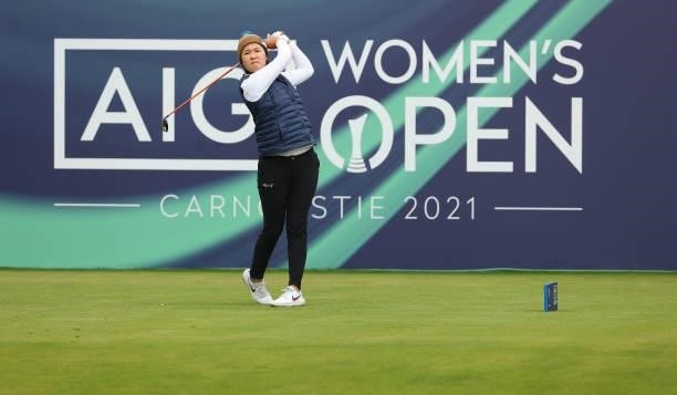 Haeji Kang of Korea on the first hole during the first round of the AIG Women's Open at Carnoustie Golf Links on August 19, 2021 in Carnoustie,...
