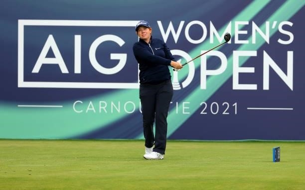 Felicity Johnson of England on the first hole during the first round of the AIG Women's Open at Carnoustie Golf Links on August 19, 2021 in...