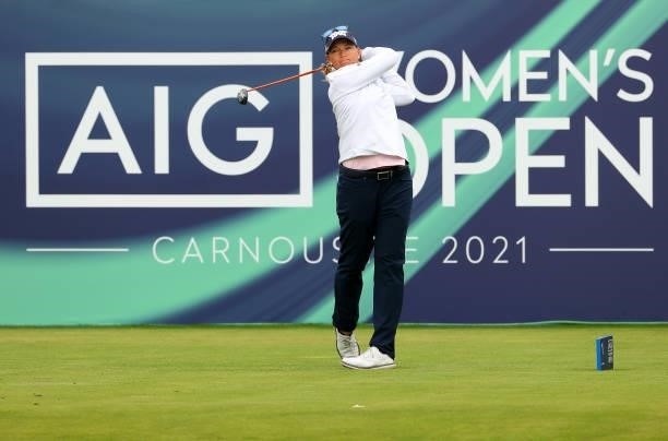 Katherine Kirk of Australia on the first tee during the first round of the AIG Women's Open at Carnoustie Golf Links on August 19, 2021 in...