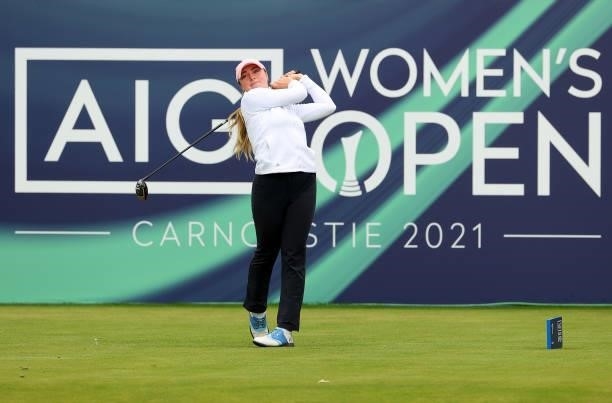 Lucie Malchirand of France on the first tee during the first round of the AIG Women's Open at Carnoustie Golf Links on August 19, 2021 in Carnoustie,...