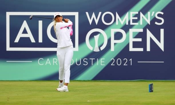 Maha Haddioui of Morocco on the first tee during the first round of the AIG Women's Open at Carnoustie Golf Links on August 19, 2021 in Carnoustie,...