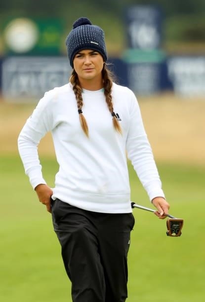 Annabel Dimmock of England on the 16th green during the first round of the AIG Women's Open at Carnoustie Golf Links on August 19, 2021 in...