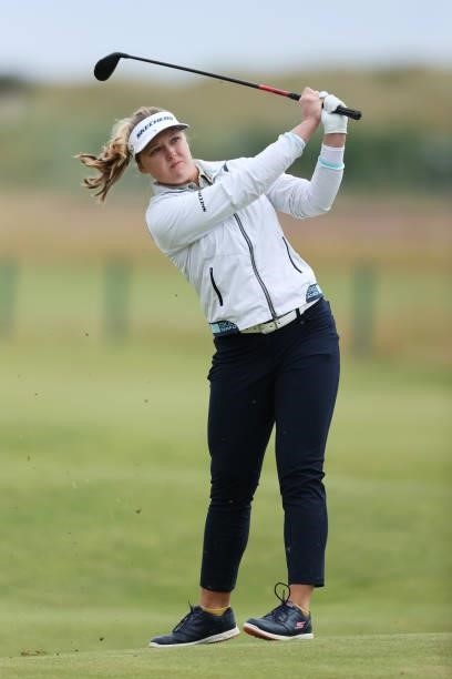 Brooke Henderson of Canada plays her second shot on the sixth hole during Day One of the AIG Women's Open at Carnoustie Golf Links on August 19, 2021...