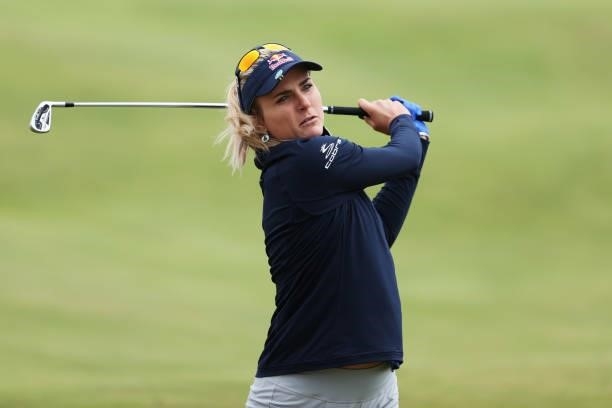 Lexi Thompson of The United States plays her second shot on the sixth hole during Day One of the AIG Women's Open at Carnoustie Golf Links on August...