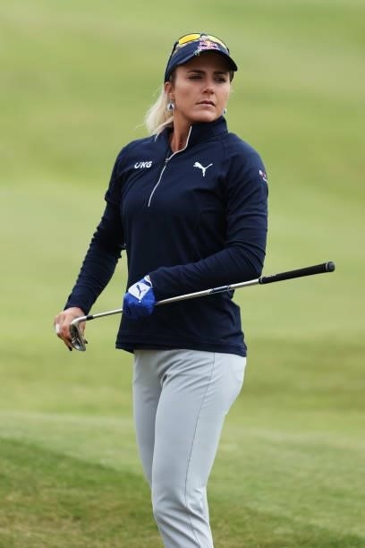Lexi Thompson of The United States looks on after playing her second shot on the sixth hole during Day One of the AIG Women's Open at Carnoustie Golf...