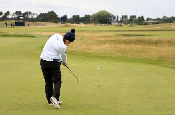 Annabel Dimmock of England on the 17th tee during the first round of the AIG Women's Open at Carnoustie Golf Links on August 19, 2021 in Carnoustie,...