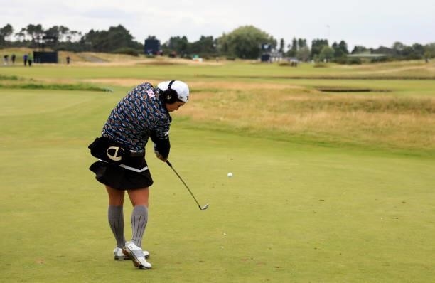 Christina Kim of the USA on the 17th tee during the first round of the AIG Women's Open at Carnoustie Golf Links on August 19, 2021 in Carnoustie,...