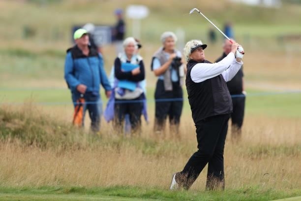 Laura Davies of England plays her second shot on the sixth hole during Day One of the AIG Women's Open at Carnoustie Golf Links on August 19, 2021 in...