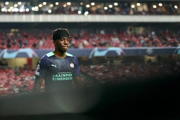 Noni Madueke of PSV Eindhoven looks on during the UEFA Champions League Play-Offs Leg One match between SL Benfica and PSV Eindhoven at Estadio da...