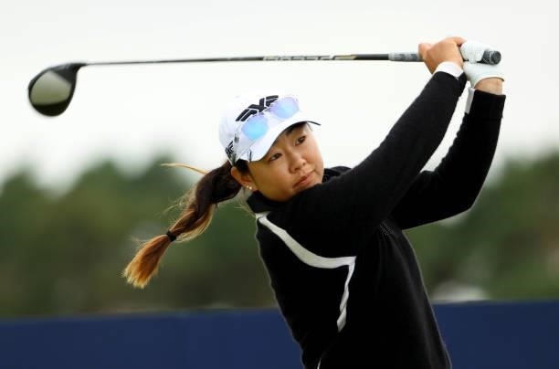 Mina Harigae of The United States on the 15th tee during the first round of the AIG Women's Open at Carnoustie Golf Links on August 19, 2021 in...