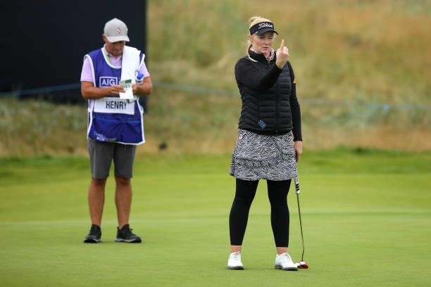 Kylie Henry of Scotland lines up a putt during Day One of the AIG Women's Open at Carnoustie Golf Links on August 19, 2021 in Carnoustie, Scotland.