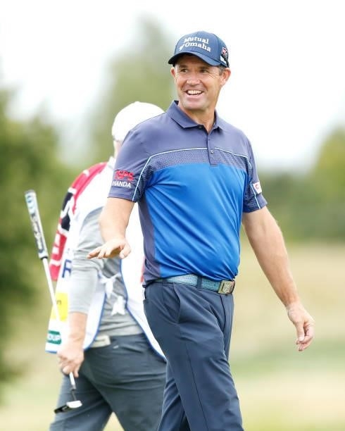 Padraig Harrington of Ireland reacts on the 13th hole during Day One of The D+D Real Czech Masters at Albatross Golf Resort on August 19, 2021 in...