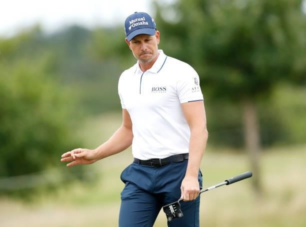 Henrik Stenson of Sweden reacts on the 13th hole during Day One of The D+D Real Czech Masters at Albatross Golf Resort on August 19, 2021 in Prague,...