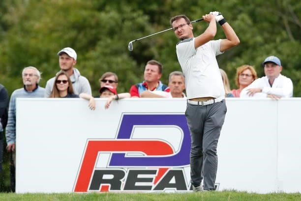 Ondrej Lieser of Czech Republic plays a tee shot on the 13th hole during Day One of The D+D Real Czech Masters at Albatross Golf Resort on August 19,...
