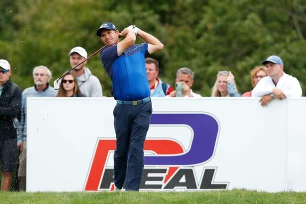 Padraig Harrington of Ireland plays a tee shot on the 13th hole during Day One of The D+D Real Czech Masters at Albatross Golf Resort on August 19,...