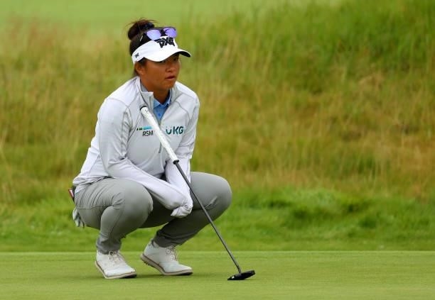 Megan Khang of The United States on the 14th green during the first round of the AIG Women's Open at Carnoustie Golf Links on August 19, 2021 in...