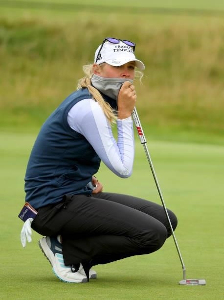 Jessica Korda of The United States on the 14th green during the first round of the AIG Women's Open at Carnoustie Golf Links on August 19, 2021 in...