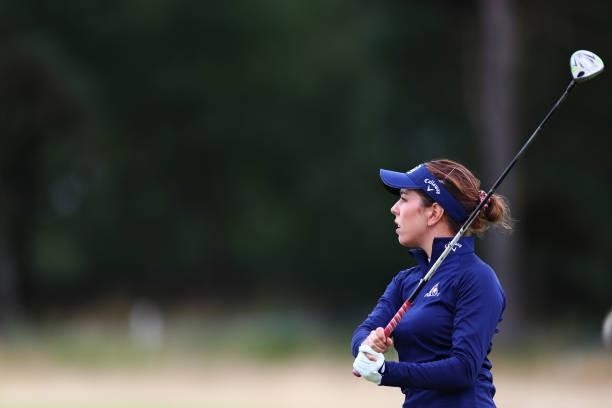 Georgia Hall of England plays her second shot on the twelfth hole during Day One of the AIG Women's Open at Carnoustie Golf Links on August 19, 2021...