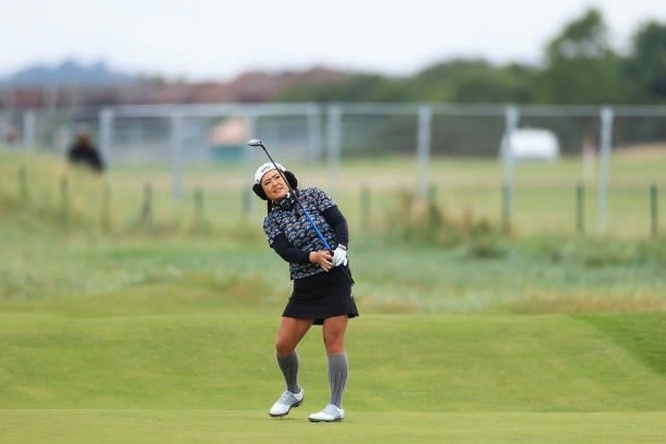 Christina Kim of the United States reacts following her second shot on the eighteenth hole during Day One of the AIG Women's Open at Carnoustie Golf...