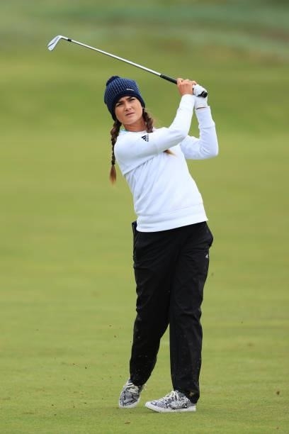 Annabel Dimmock of England plays her second shot on the eighteenth hole during Day One of the AIG Women's Open at Carnoustie Golf Links on August 19,...