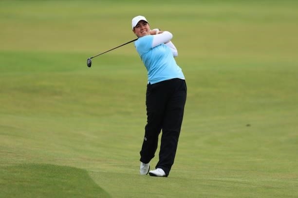 Kristen Gillman of the United States plays her second shot on the eighteenth hole during Day One of the AIG Women's Open at Carnoustie Golf Links on...