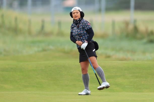 Christina Kim of the United States reacts following her second shot on the eighteenth hole during Day One of the AIG Women's Open at Carnoustie Golf...