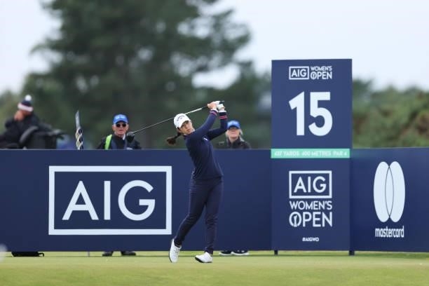 Andrea Lee of The United States tees off on the fifteenth hole during Day One of the AIG Women's Open at Carnoustie Golf Links on August 19, 2021 in...