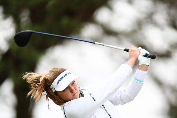 Brooke Henderson of Canada tees off on the fourteenth hole during Day One of the AIG Women's Open at Carnoustie Golf Links on August 19, 2021 in...