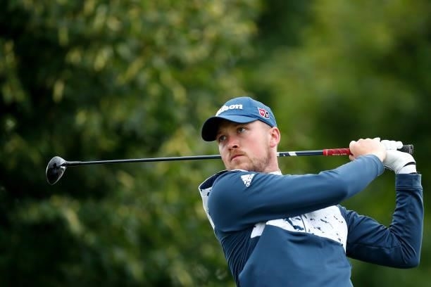 Richard Mansell of England plays a tee shot on the 14th hole during Day One of The D+D Real Czech Masters at Albatross Golf Resort on August 19, 2021...