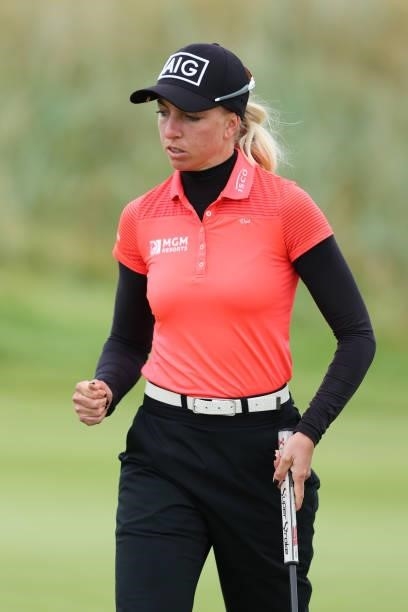 Sophia Popov of Germany celebrates a putt on the fifteenth green during Day One of the AIG Women's Open at Carnoustie Golf Links on August 19, 2021...