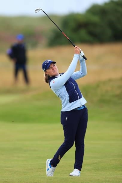 Manon de Roey of Belgium plays her third shot on the fourth hole during Day One of the AIG Women's Open at Carnoustie Golf Links on August 19, 2021...