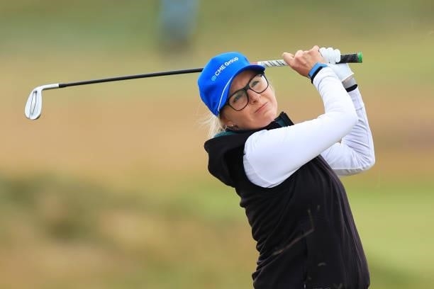 Sarah Kemp of Australia plays her second shot on the fourth hole during Day One of the AIG Women's Open at Carnoustie Golf Links on August 19, 2021...