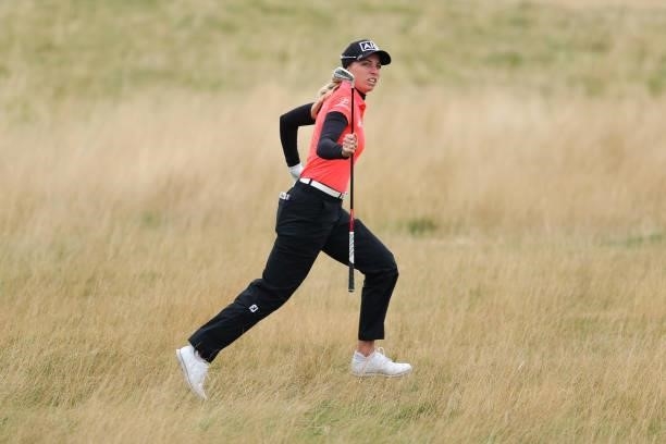 Sophia Popov of Germany runs after playing her second shot on the fifteenth hole during Day One of the AIG Women's Open at Carnoustie Golf Links on...