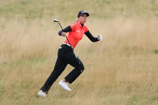 Sophia Popov of Germany runs after playing her second shot on the fifteenth hole during Day One of the AIG Women's Open at Carnoustie Golf Links on...
