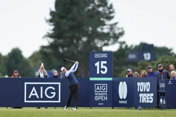 Jessica Korda of The United States tees off on the fifteenth hole during Day One of the AIG Women's Open at Carnoustie Golf Links on August 19, 2021...