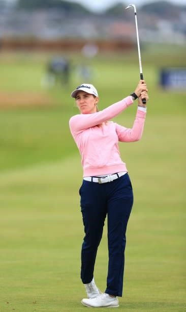 Magdalena Simmermacher of Argentina plays her second shot on the fourth hole during Day One of the AIG Women's Open at Carnoustie Golf Links on...