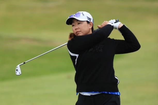 Mina Harigae of The United States plays her second shot on the fifteenth hole during Day One of the AIG Women's Open at Carnoustie Golf Links on...