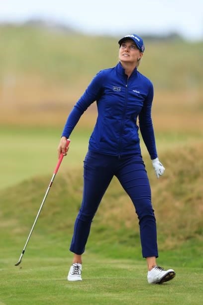 Sanna Nuutinen of Finland reacts following her second shot on the fourth hole during Day One of the AIG Women's Open at Carnoustie Golf Links on...