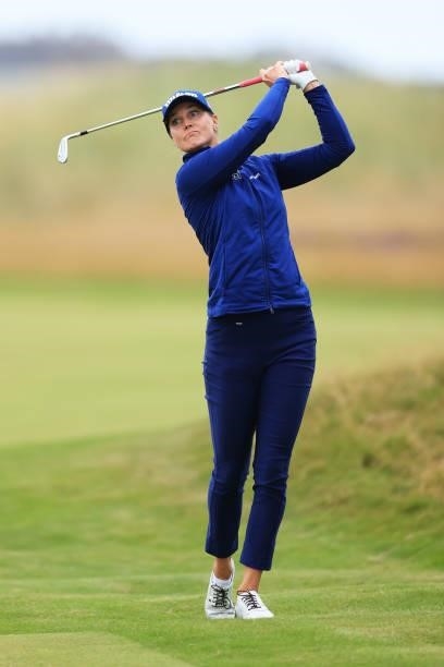 Sanna Nuutinen of Finland plays her second shot on the fourth hole during Day One of the AIG Women's Open at Carnoustie Golf Links on August 19, 2021...