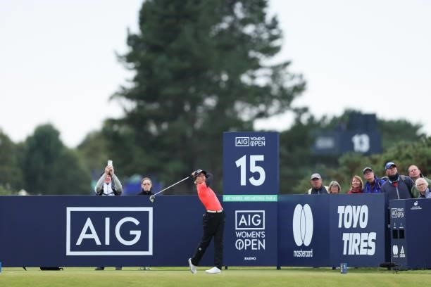 Sophia Popov of Germany tees off on the fifteenth hole during Day One of the AIG Women's Open at Carnoustie Golf Links on August 19, 2021 in...
