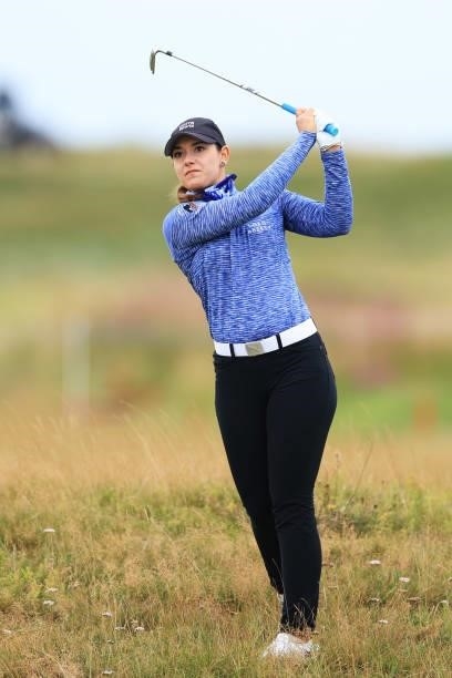 Ana Belac of Slovenia plays her second shot on the fourth hole during Day One of the AIG Women's Open at Carnoustie Golf Links on August 19, 2021 in...
