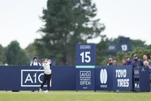 Sei Young Kim of South Korea tees off on the fifteenth hole during Day One of the AIG Women's Open at Carnoustie Golf Links on August 19, 2021 in...