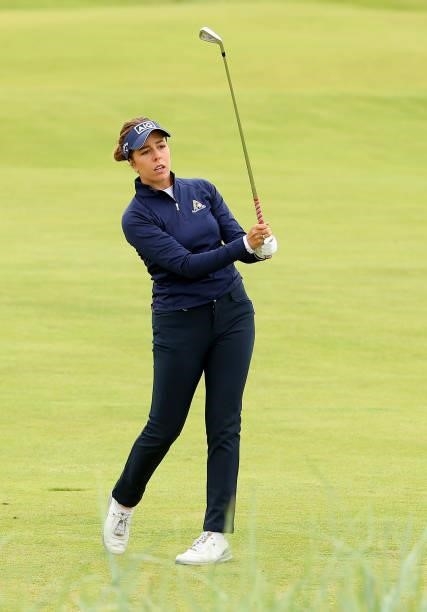 Georgia Hall of England plays her second shot on the 18th hole during the first round of the AIG Women's Open at Carnoustie Golf Links on August 19,...