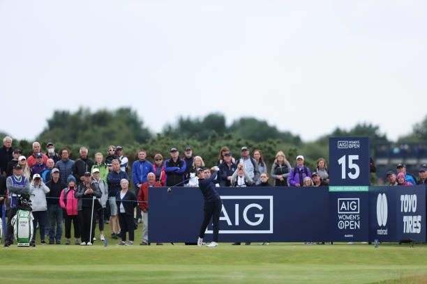 Georgia Hall of England tees off on the fifteenth hole during Day One of the AIG Women's Open at Carnoustie Golf Links on August 19, 2021 in...