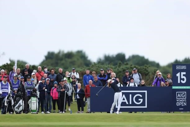 Louise Duncan of Scotland tees off on the fifteenth hole during Day One of the AIG Women's Open at Carnoustie Golf Links on August 19, 2021 in...