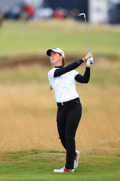 Nuria Iturrioz of Spain plays her second shot on the fourth hole during Day One of the AIG Women's Open at Carnoustie Golf Links on August 19, 2021...