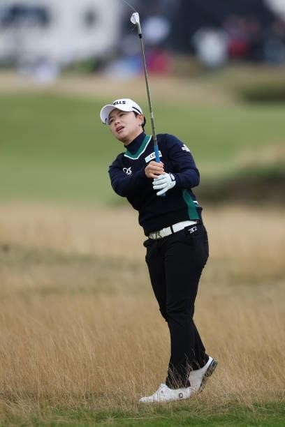 Eun Hee Ji of South Korea plays her second shot on the fourth hole during Day One of the AIG Women's Open at Carnoustie Golf Links on August 19, 2021...