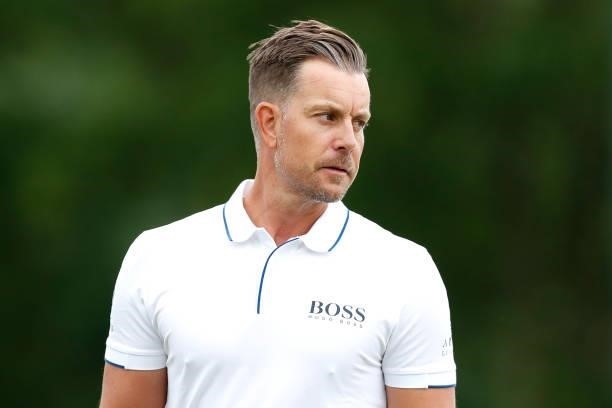Henrik Stenson of Sweden looks on from the 18th hole during Day One of The D+D Real Czech Masters at Albatross Golf Resort on August 19, 2021 in...